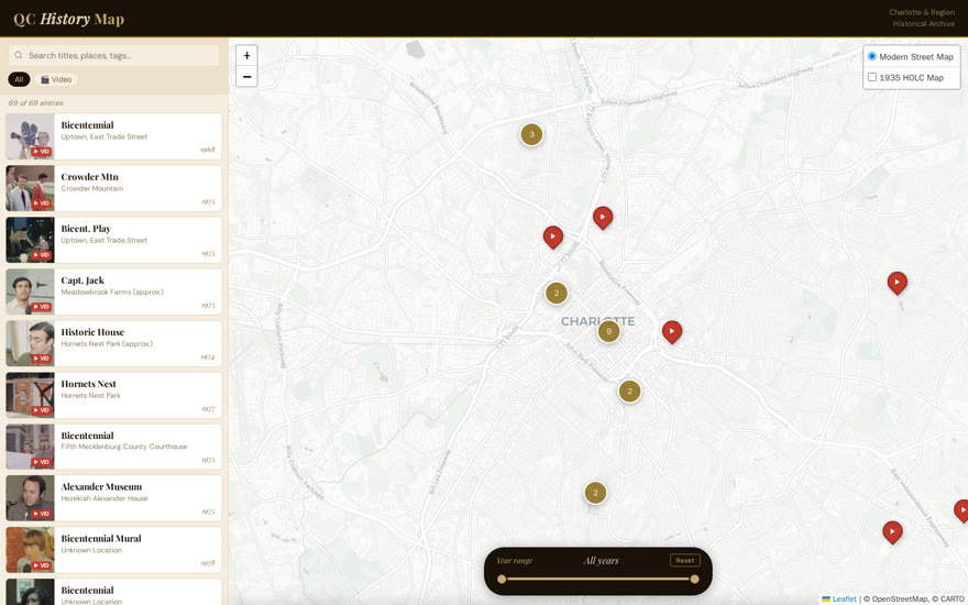 QC History Map — archival footage pinned across a map of Charlotte